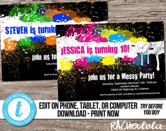 Editable Messy paint birthday party invitation, Printable template, Boy, Girl, Color War, Art, Paintball, Digital instant download, Templett