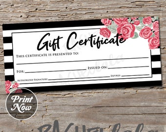 Printable Gift Certificate template, Black & white Flower, Photography coupon voucher card, Florist, Spa, Fillable, Instant digital download