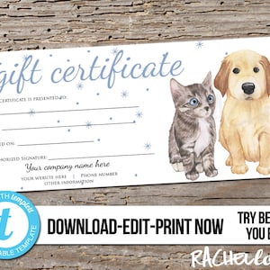 Editable Custom Printable Pet Gift Certificate template, Dog, Cat, Groomer Thanks, Vet, Veterinarian, Photography, Digital download Templett image 1