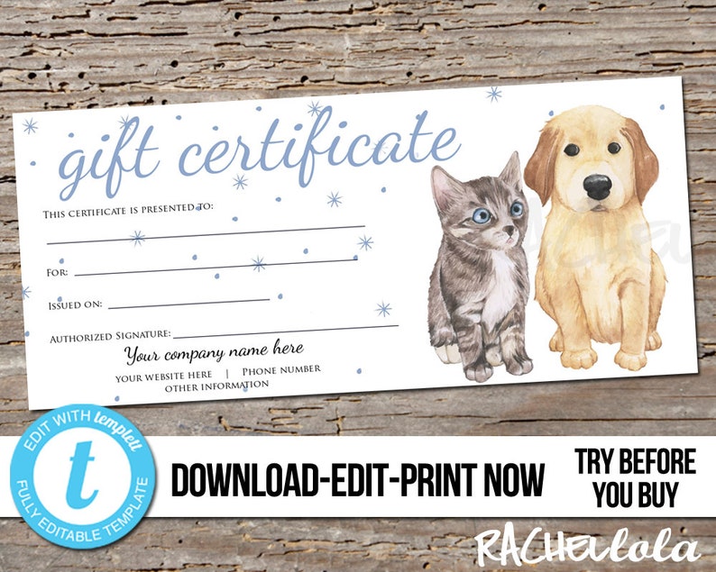 Editable Custom Printable Pet Gift Certificate template, Dog, Cat, Groomer Thanks, Vet, Veterinarian, Photography, Digital download Templett image 1