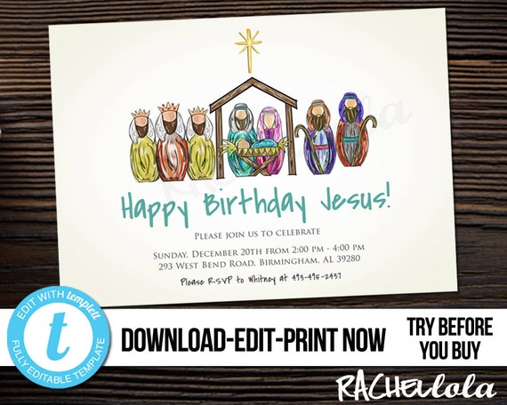 Editable Happy Birthday Jesus Christmas Party Nativity Invitation