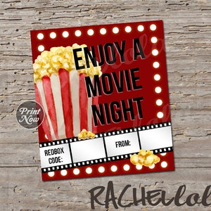 Redbox Code Movie Lights and Popcorn Movie Night Gift Tag - Etsy