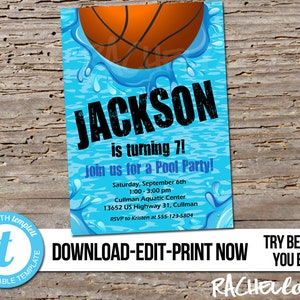 Editable Basketball Pool Party, Birthday Invitation, Printable template, Swim invite, End of season team, Digital instant download Templett