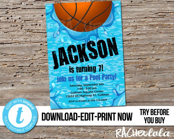 Editable Basketball Pool Party, Birthday Invitation, Printable template, Swim invite, End of season team, Digital instant download Templett Il_570xn