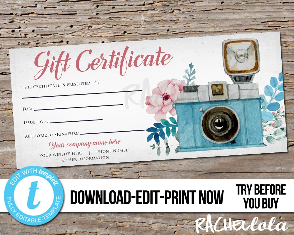 Editable Custom Floral Camera Printable Gift Certificate Etsy