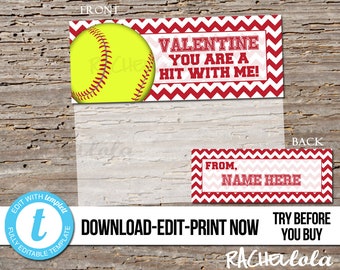 Softball valentine bag topper, Editable Custom, Printable treat candy bag topper template, Sports, Girl, Digital instant download Templett