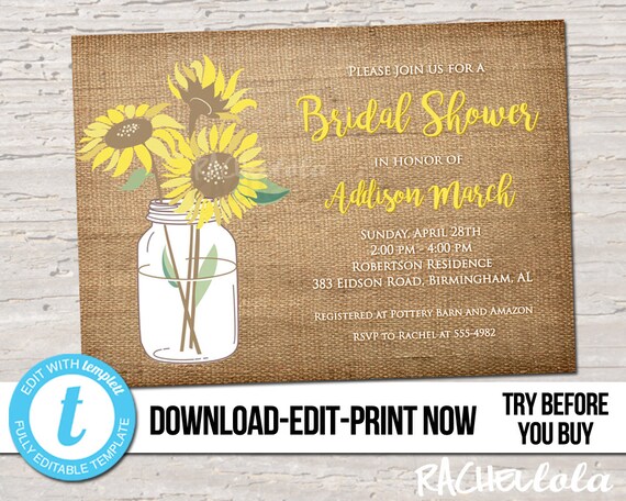 Editable Sunflower Wedding Shower Invitation Printable Template Editable Sunflower Wedding Shower Invitation Printable Template