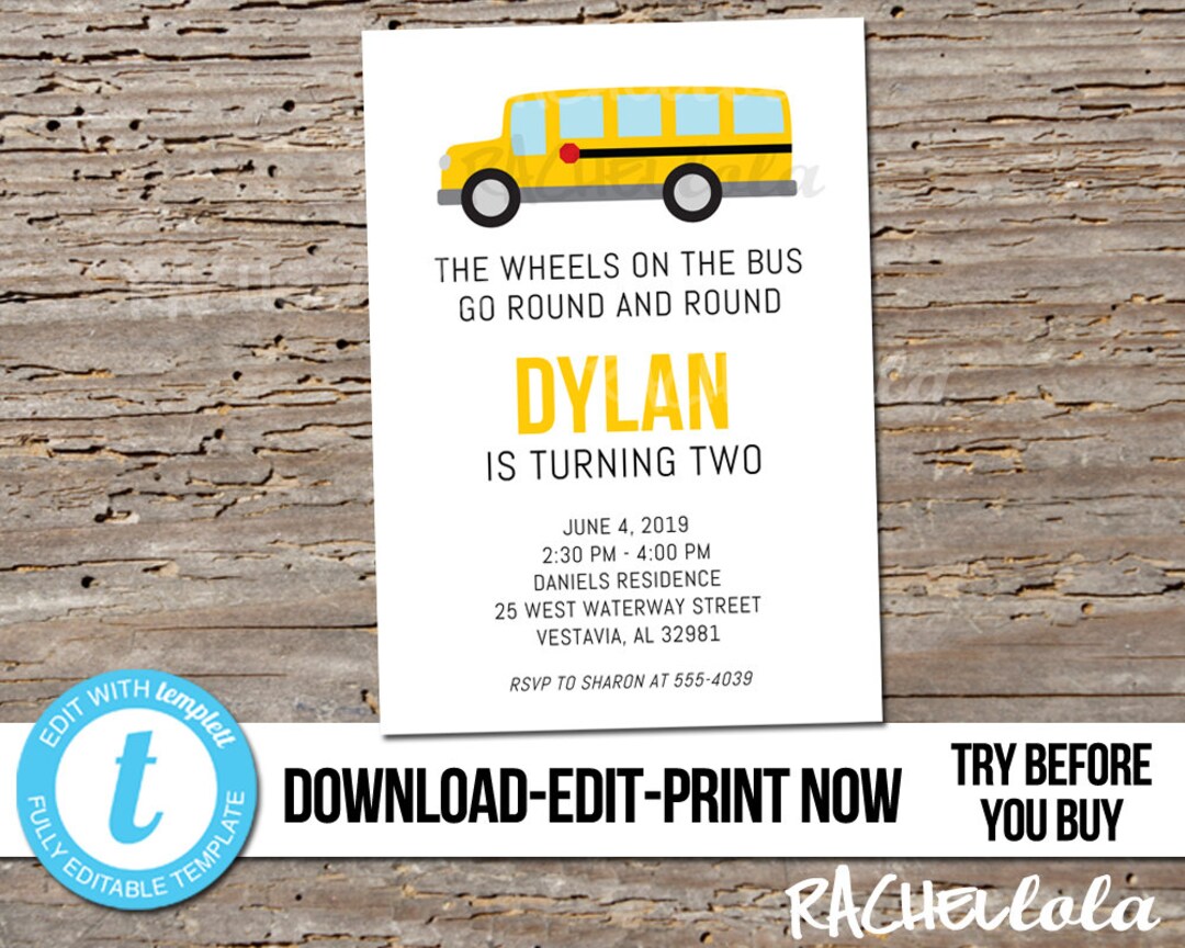 Editable Wheels on the Bus Invitation Party School Bus Etsy