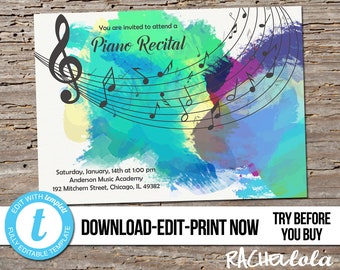 Editable piano senior recital invitation, Printable template, Voice, Violin, Music teacher retirement party reception, Digital, Templett