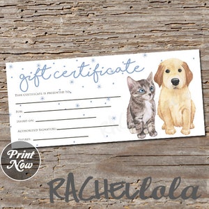 Printable Pet Gift Certificate template, Dog, Cat, Groomer thank you gift, Vet, Photography card, Veterinarian, Instant digital download image 1