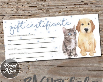 Printable Pet Gift Certificate template, Dog, Cat, Groomer thank you gift, Vet, Photography card, Veterinarian, Instant digital download