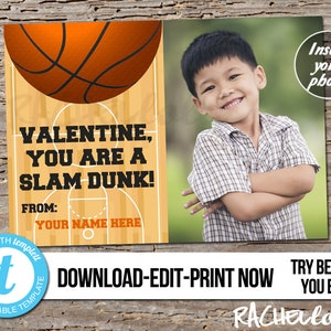 Basketball Valentine with photo, Editable custom Valentine's day card, kids, Printable template, School, Girl, Boy, Sports, Instant download image 1