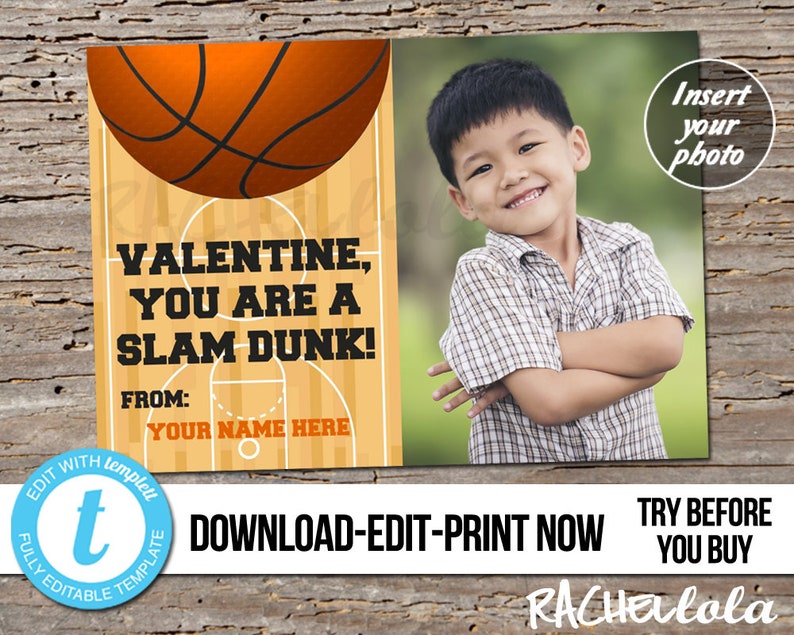 Basketball Valentine with photo, Editable custom Valentine's day card, kids, Printable template, School, Girl, Boy, Sports, Instant download image 1