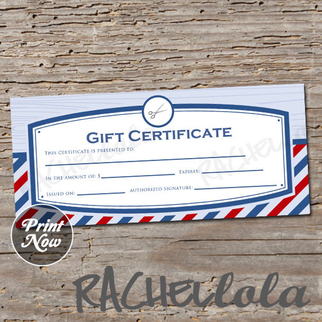 Printable Barber Shop Gift Certificate Template, Hair Salon, Mens