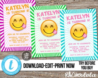 Editable Emoji Invitation, Birthday party, Printable template, Boy Girl, Blue, Purple, Green, Pink, Digital instant download Templett, DIY