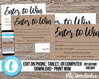 Editable Raffle ticket template, Rustic Kraft Printable door prize entry form, Enter to win giveaway, Instant, Business, Templett, Essential