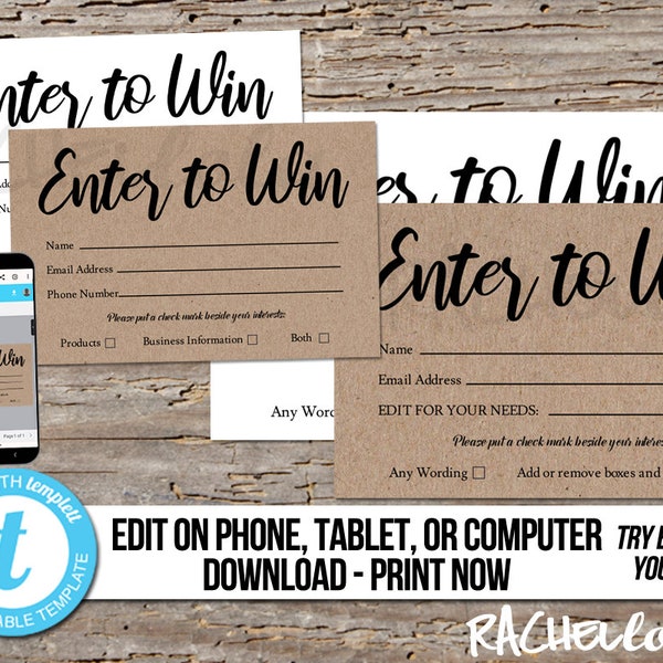 Editable Raffle ticket template, Rustic Kraft Printable door prize entry form, Enter to win giveaway, Instant, Business, Templett, Essential