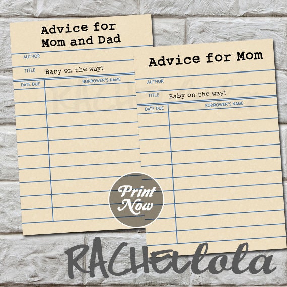 Library card advice for mom and dad, Book baby shower advice cards, Gender neutral party game, Printable template, Instant digital download Il_570xn
