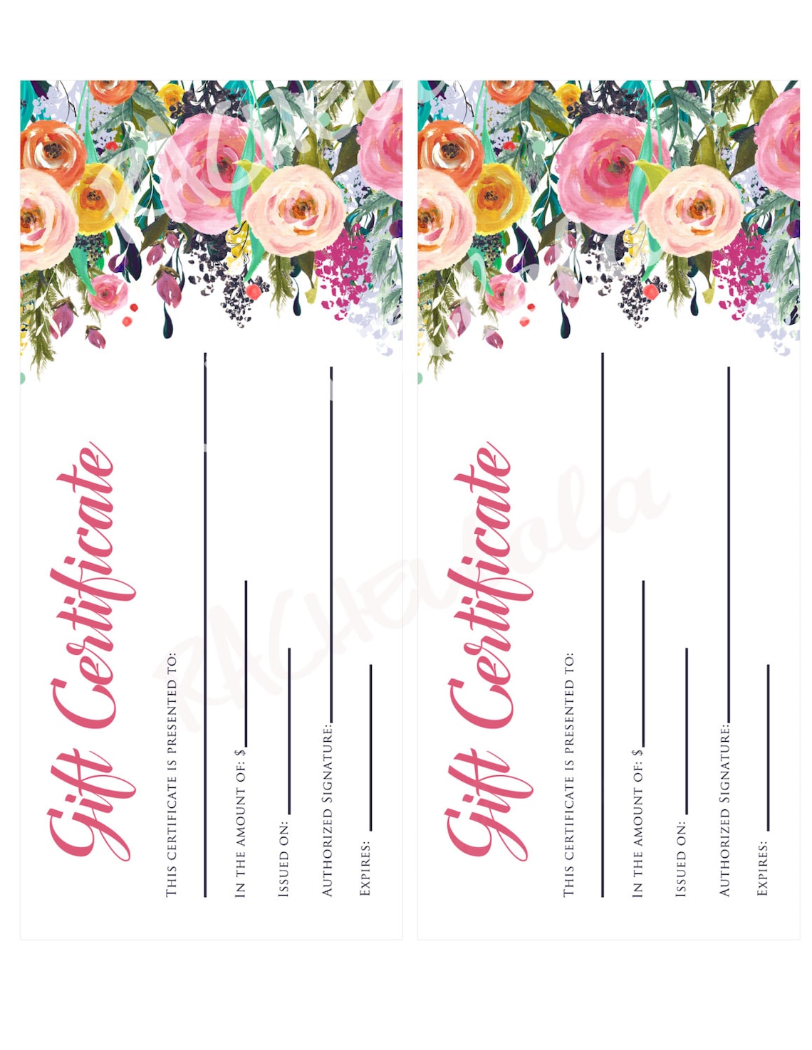 Printable Floral Gift Certificate template Photography | Etsy