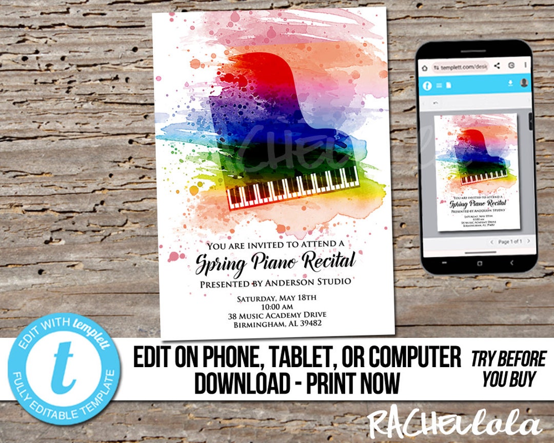 Piano Recital Invitation, Printable Fillable Template, College Senior ...