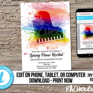 May include: Editable template for a spring piano recital invitation. The invitation features a watercolor illustration of a rainbow piano with the text "Spring Piano Recital" and the words "You are invited to attend a Spring Piano Recital presented by Anderson Studio".