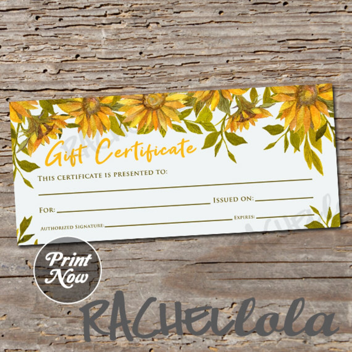 Sunflower Printable Gift Certificate Fillable Template Etsy