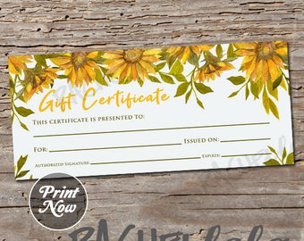 Sunflower printable Gift Certificate, Fillable template, Photography, Coupon voucher, Florist, Flower arranging, Business Instant download