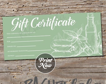 Printable Green Spa Gift Certificate template, Spring, Voucher, Mother's day, Christmas, Salon, Massage, Gift card, Instant digital download