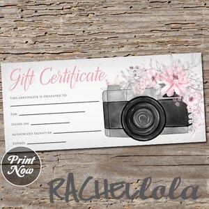 Modèle rose de certificat cadeau de photographie imprimable, Fête des mères, Noël, Carte de bon de séance photo, Photographe, Téléchargement instantané