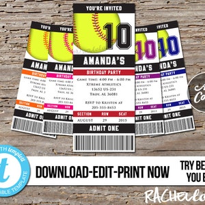 Editable Softball ticket Birthday invitation printable | Etsy