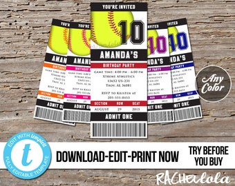 Editable Softball ticket, Birthday invitation printable template, Season banquet, Team party, Tournament, Digital instant download, Templett