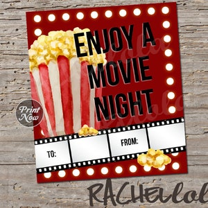 Etykieta na prezent na wieczór filmowy, Popcorn, Bilet do kina, Prezent dla nauczyciela na ostatnią chwilę, Szablon do wydrukowania, Natychmiastowe pobranie cyfrowe, Współpracownik, Dziecko, Tata