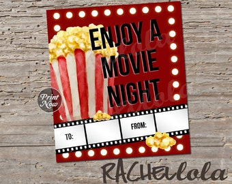 Movie night gift tag, Popcorn, Movie Ticket, Teacher last minute gift, Printable template, Instant digital download, Coworker, Kid, Dad