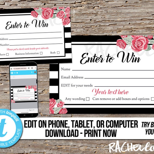 Editable Raffle ticket template, Printable door prize entry form, Enter to win free giveaway, Photography session, Instant download Templett