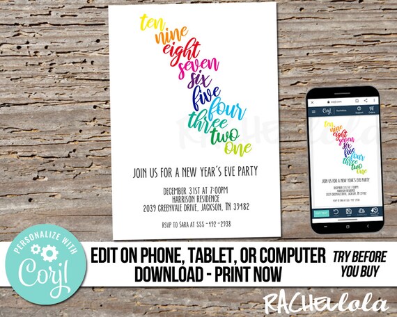 Editable Kids New Years Eve party invitation, Rainbow, Family ...