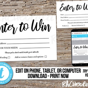 May include: White printable "Enter to Win" cards with fields for name, email, and phone number. The image also shows a smartphone displaying the card and a blue circular logo with the text "Fully Editable Template".