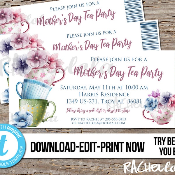 Printable Editable Floral Tea Party invitation ticket template, Mothers day, Digital, Spring, Church, School, Templett, Instant download