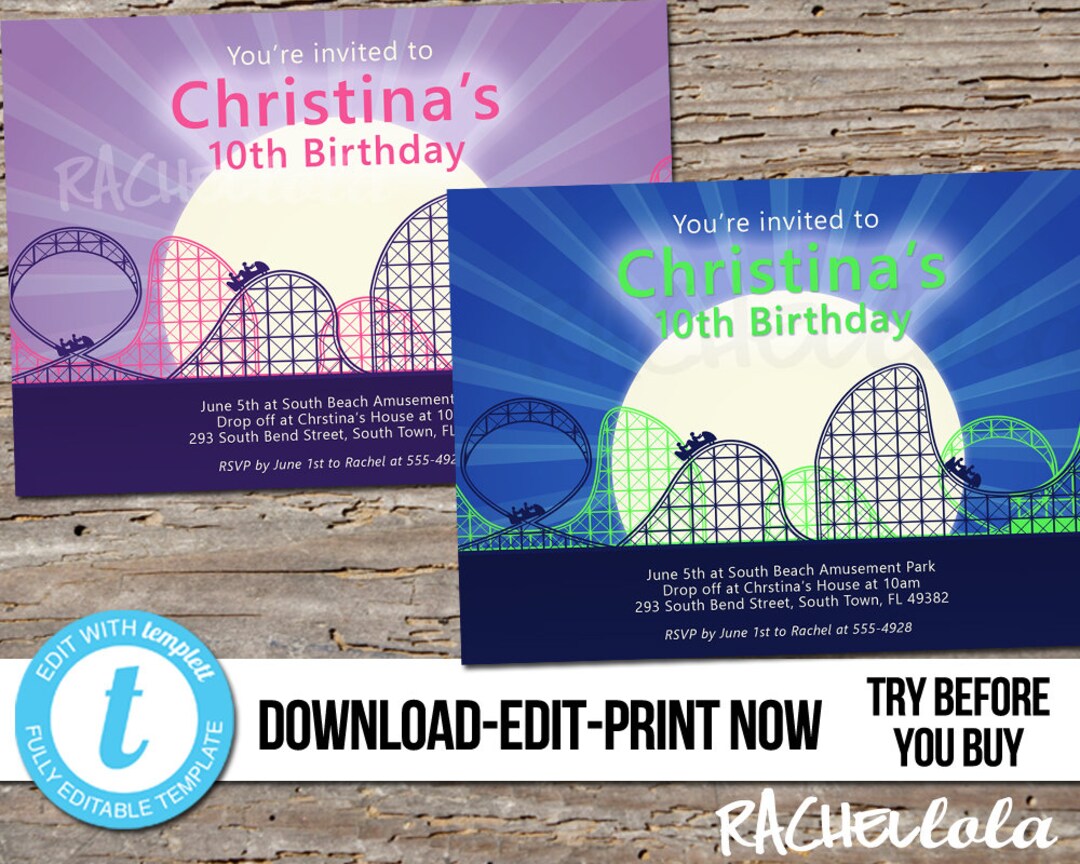 Editable Roller Coaster Birthday Party Invitation Amusement - Etsy