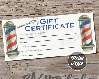 Barber Gift Certificate, Printable fillable template, Mens Hair Salon, Coupon voucher, Christmas, Father's Day, Birthday, Instant download