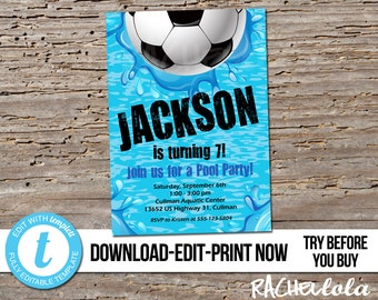 Editable Soccer Pool Party, Birthday Invitation, Printable template, Swim, season team, Digital instant download Templett, futball, football