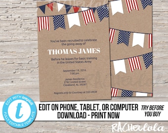 Editable Military going away party invitation template, Retirement, Army, Air force, Boot camp, Printable, Digital Instant download Templett