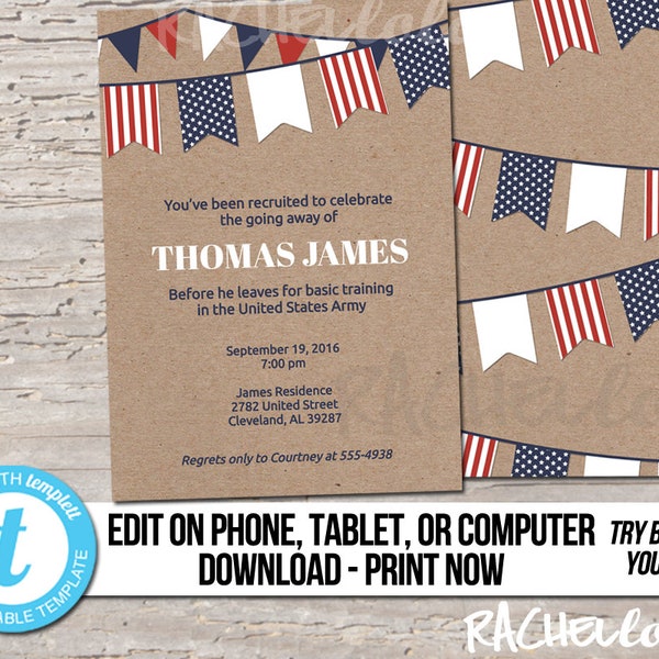Editable Military going away party invitation template, Retirement, Army, Air force, Boot camp, Printable, Digital Instant download Templett