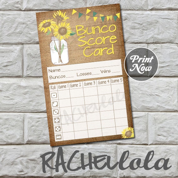 Sunflower bunco score card, rustic mason jar, score sheet, bunko party, scorecard, theme group, printable template, instant digital download Il_570xn