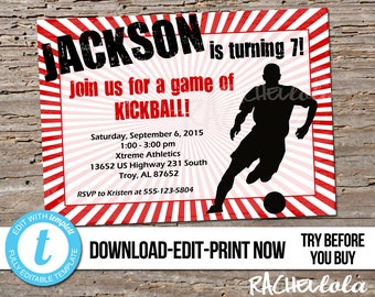 Editable Kickball birthday party invitation, Printable template, Tournament invite, Kick ball, Boy, Girl, Digital instant download, Templett