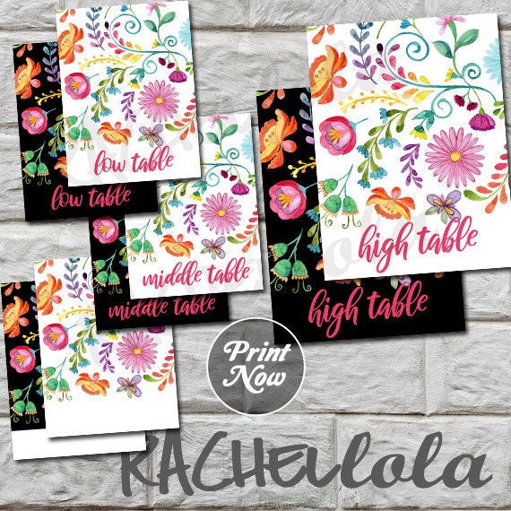 Floral Fiesta Bunco table signs, Cinco de Mayo, High, Low, Middle table markers, Mexican Flower, Instant download, Printable template, Pink Il_570xn