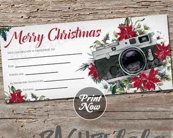 Printable Christmas Photography Gift Certificate template, Photo session voucher card, Poinsettia, Instant download, Teacher, Photographer