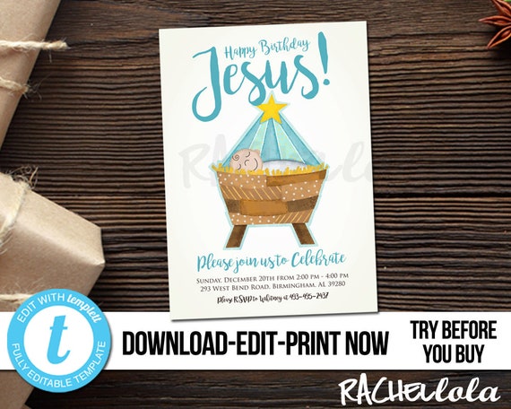 Happy birthday Jesus Party Invitation, Christmas Nativity Church