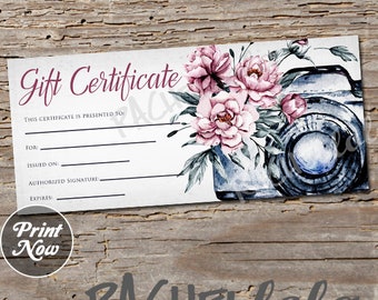 Printable Photography Gift Certificate template, Photo session voucher card, Instant digital download, Spring Flower camera, Photographer