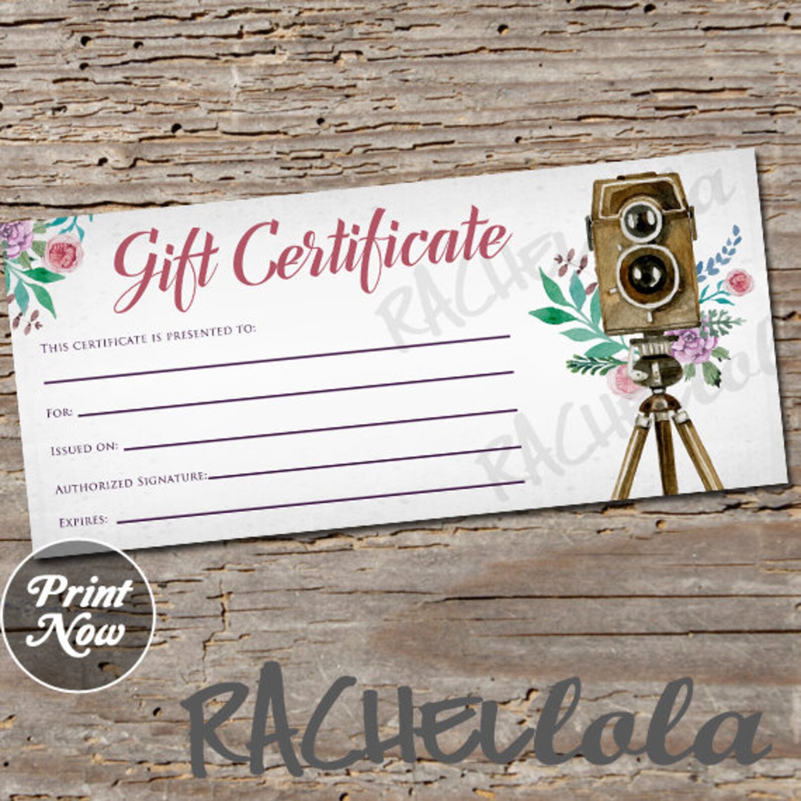 Printable Photography Gift Certificate Template Spring - Etsy