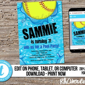 Editable Softball Pool Party, Birthday Invitation, Printable template, Swim invite, End of season team, Digital instant download Templett